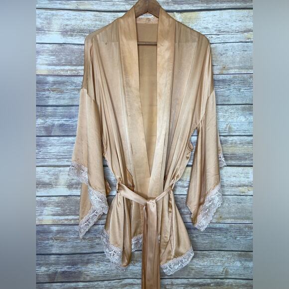 SPELL & THE GYPSY “WILD LOVE" Sandwashed peach Silk & Lace Kimono Robe Tie S/M - Picture 6 of 13